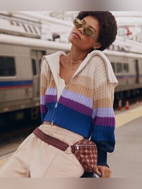 Aerie Double Zip Cardigan Stripe Cropped Knit Sweater - Blue, Purple, Tan XL